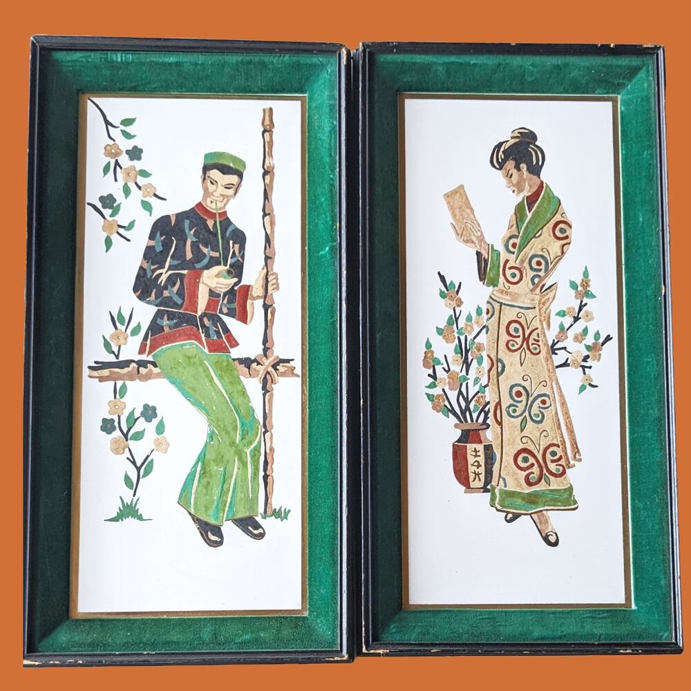 Vintage 1950s Man and Woman Paintings with Green Velvet Trim Frame